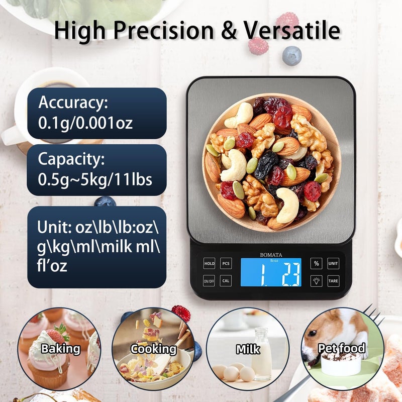 BOMATA Large Kitchen Scale with 0.1g/0.001oz High Precision, 5kg/11lb Bakery Scale with% Percentage Function, USB Rechargeable, Full-View Angle LCD with Backlight, Stainless Steel Pan - Image 2
